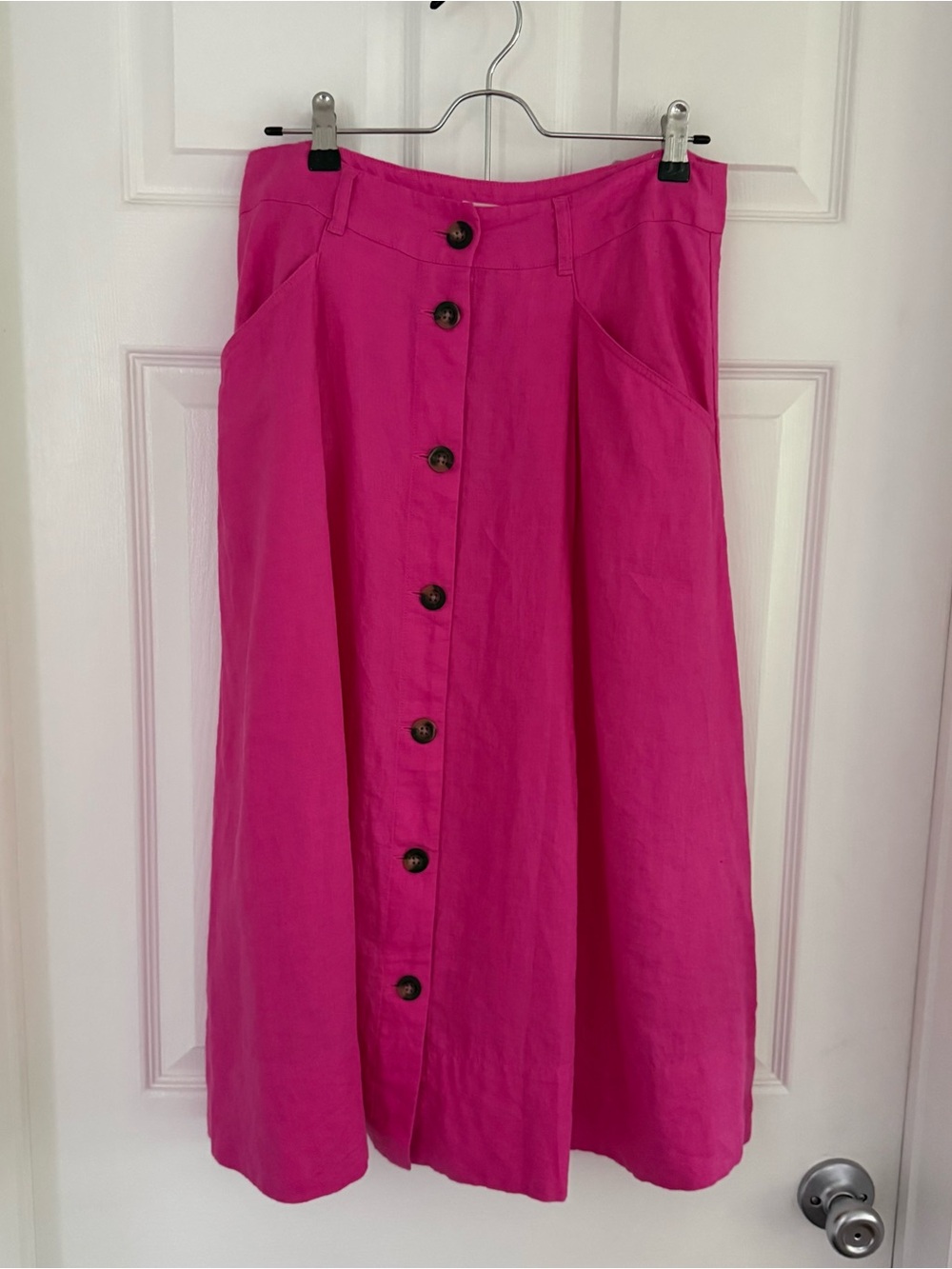 Boden Thomasina 100% Linen Fuchsia Button-Front Midi Skirt with Pockets- 6